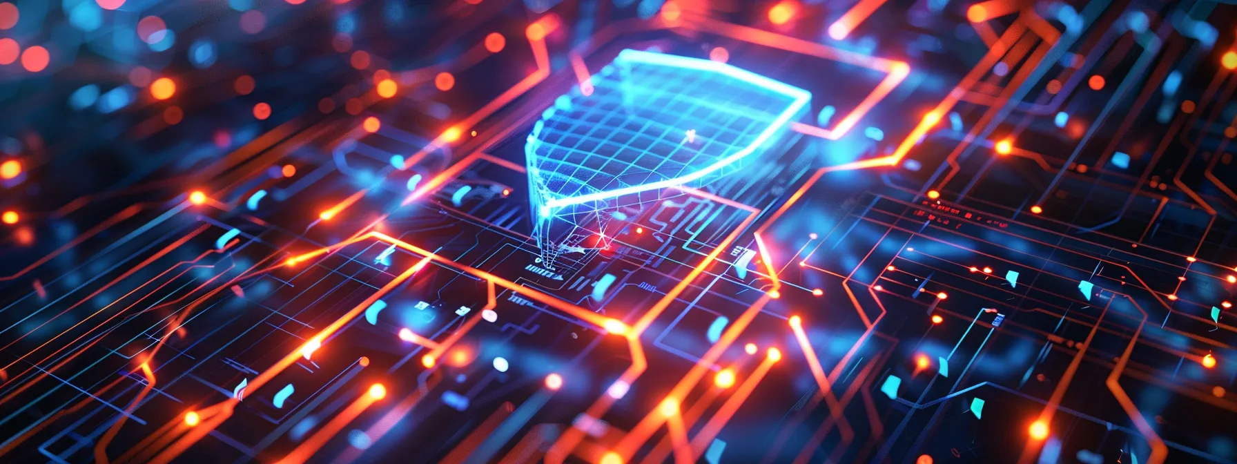 a captivating close-up of a glowing digital shield surrounded by vibrant holographic interfaces, symbolizing the advanced technologies used in identity and access management within a secure cyber landscape.