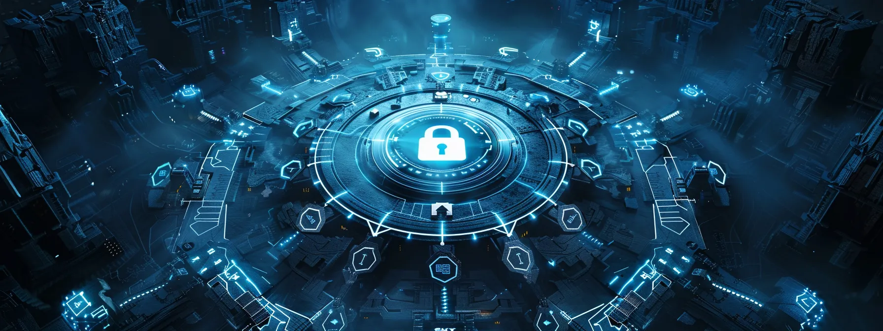 What Is Data Security? An in-Depth Overview 16 a captivating depiction of a digital fortress symbolizing robust data security, featuring a glowing lock surrounded by interconnected cloud networks and shield icons, illuminated by soft blue lighting against a sleek dark background.