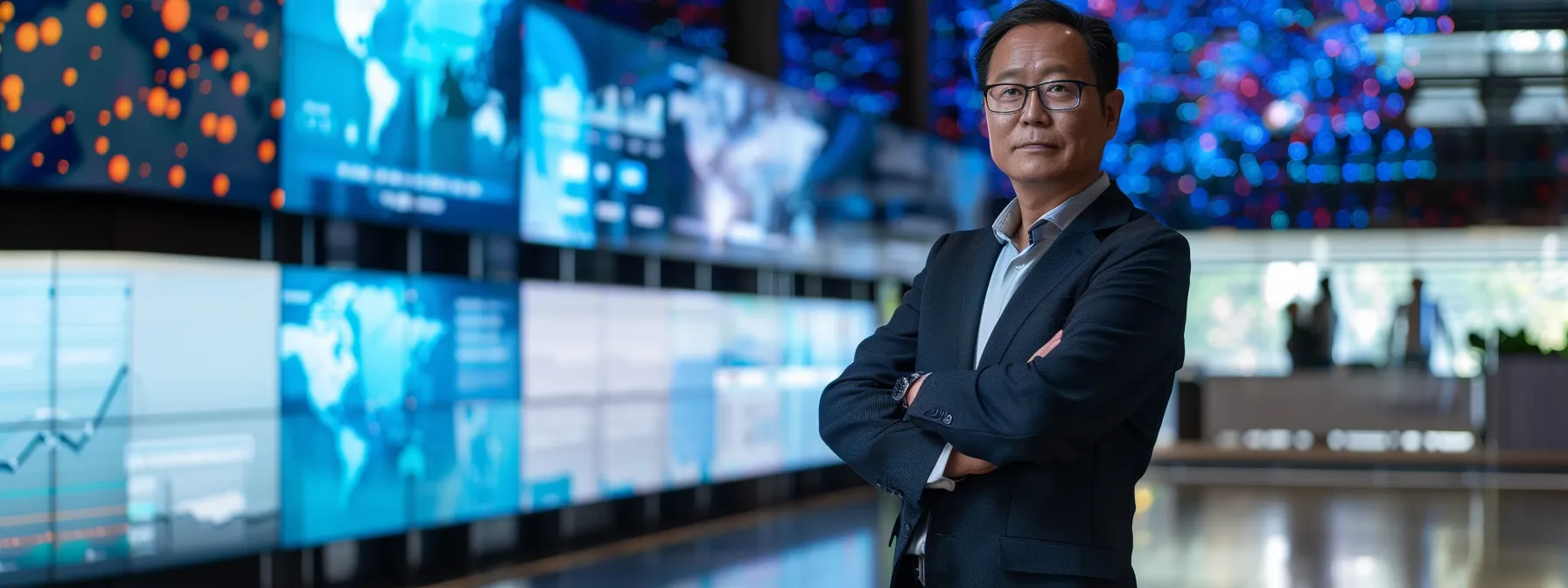 a confident cio stands at the forefront of a modern office, surrounded by vibrant digital screens displaying data analytics and ai graphics, symbolizing transformative leadership and strategic innovation in technology.