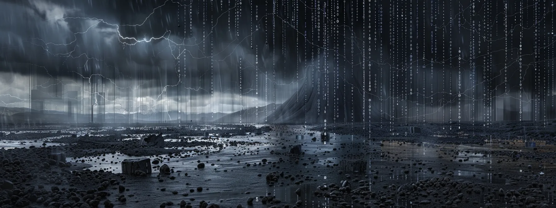 What Is Ransomware: Understanding Its Mechanisms and Removal Strategies 11 a dramatic and ominous depiction of a digital landscape shrouded in dark clouds, representing the menacing threat of ransomware, with binary code cascading down like rain amidst shattered computer screens conveying chaos and vulnerability.