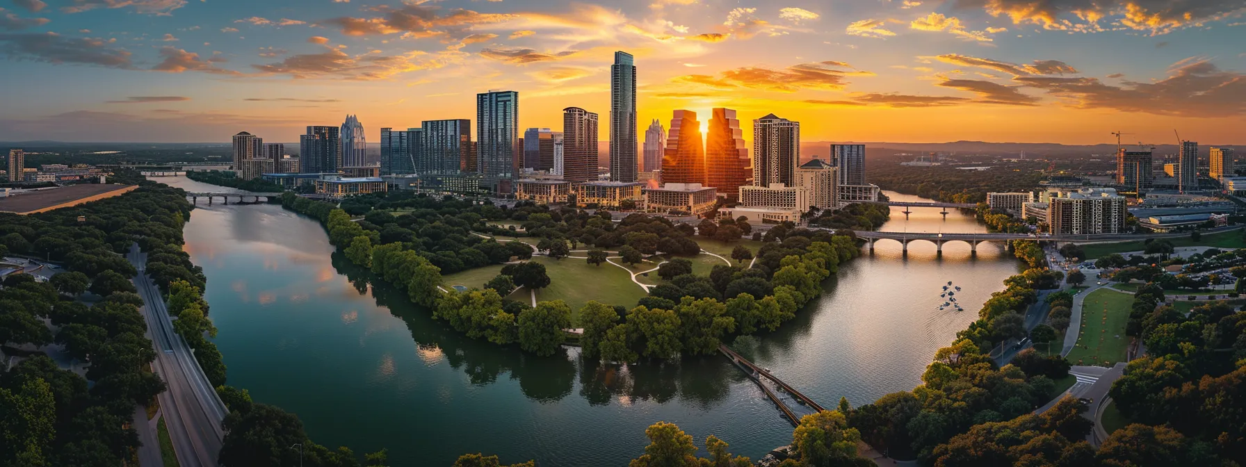 a dynamic aerial view of a bustling city skyline during sunset, with vibrant clouds reflecting golden hues, symbolizing the seamless integration and optimization of cloud management strategies in modern operations.