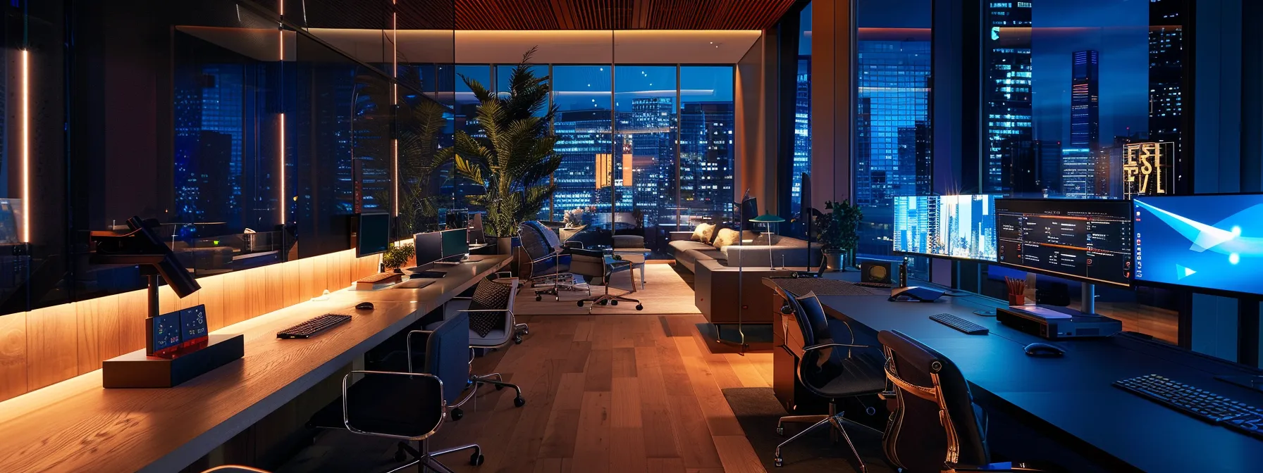 What Is Enterprise AI? An in-Depth Guide for Businesses 10 a dynamic and futuristic workspace showcasing advanced machine learning technologies and seamless data management, illuminated by soft, ambient lighting that highlights sleek computer systems and digital analytics on expansive screens.