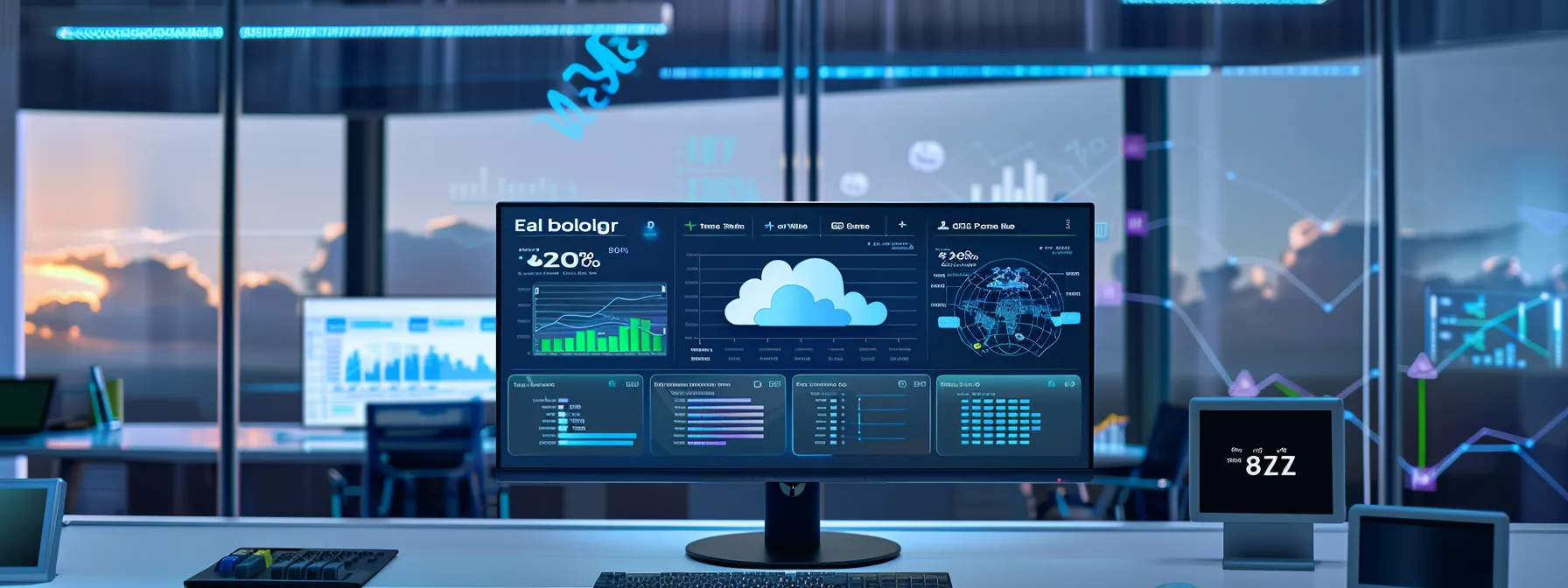 a dynamic and modern cloud management dashboard showcases vibrant graphs and analytics, illuminated by soft blue and green lighting, reflecting the seamless integration and efficiency of aws technology in optimizing resource utilization and enhancing operational flexibility.