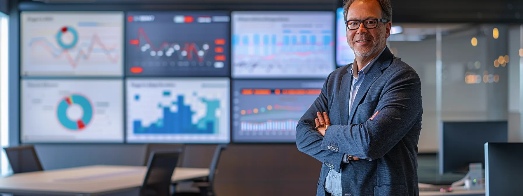 a dynamic cio stands confidently in a modern office, surrounded by digital screens displaying data analytics and collaborative charts, symbolizing the transformative power of technology in driving organizational change.