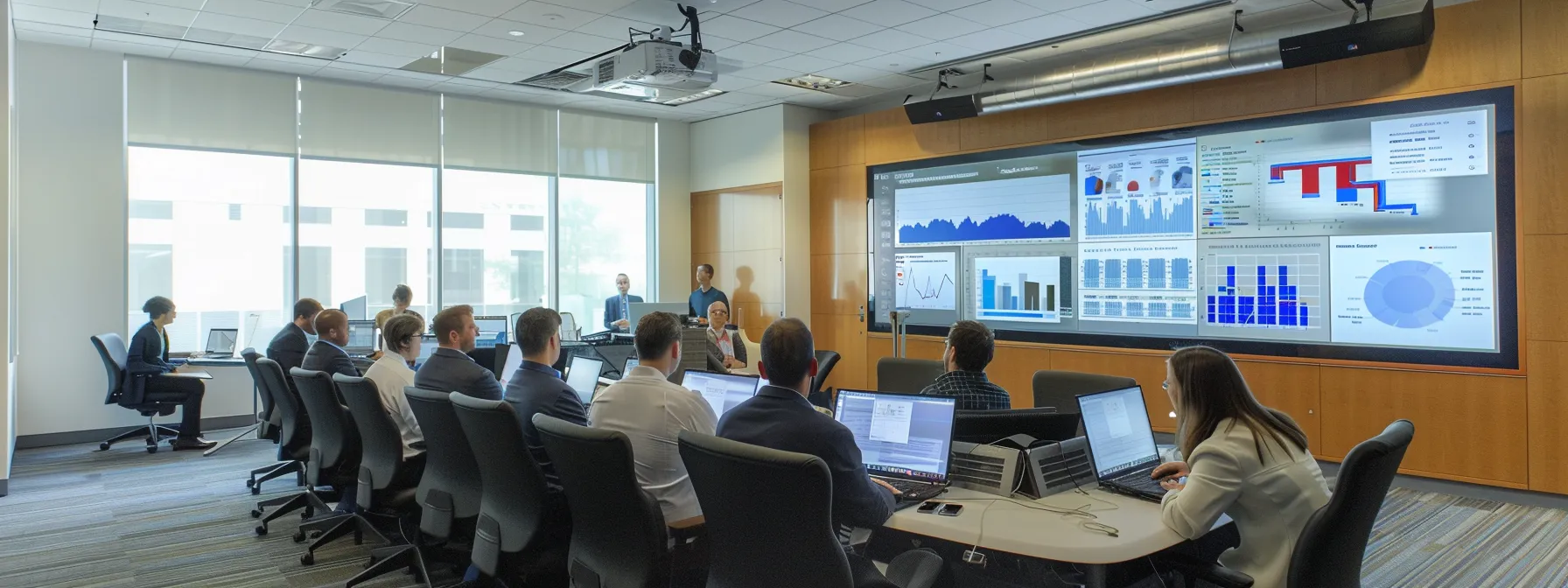 What Is Business Process Management? Understanding the Essentials of BPM 16 a dynamic corporate environment depicts an engaged team collaborating around a digital dashboard, showcasing visual analytics and futuristic flowcharts that symbolize the transformative power of business process management.