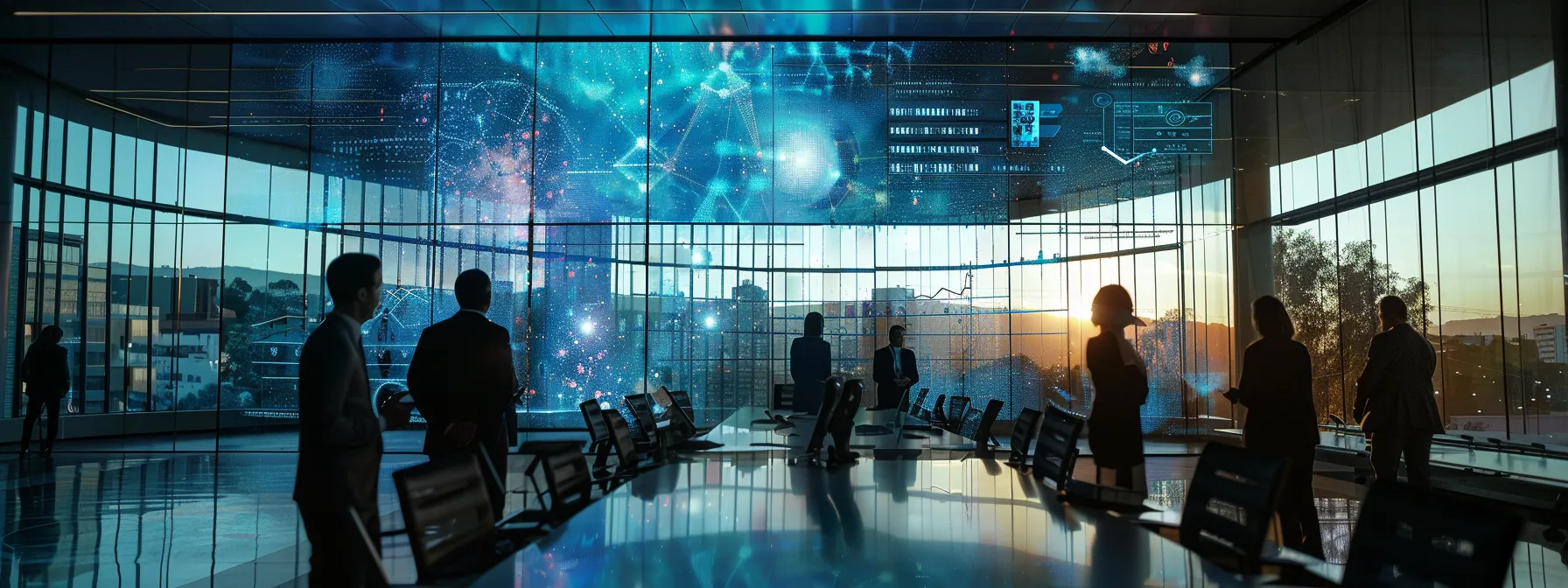 a dynamic executive boardroom scene captures a diverse group of strategic leaders engaged in a collaborative discussion, illuminated by soft natural light filtering through floor-to-ceiling windows, with digital data visualizations displayed prominently on a screen, symbolizing the transition from traditional it management to innovative strategic leadership.