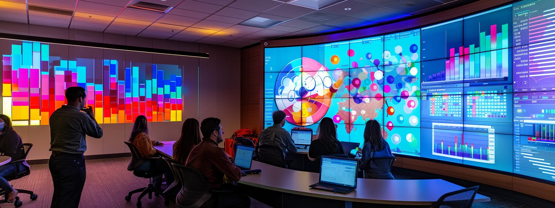 Big Data Best Practices for Business Growth 10 a dynamic, high-tech workspace features a diverse team analyzing multi-channel data on sleek screens, illuminated by soft, ambient lighting that highlights their focused expressions and the intricate graphs and analytics surrounding them.