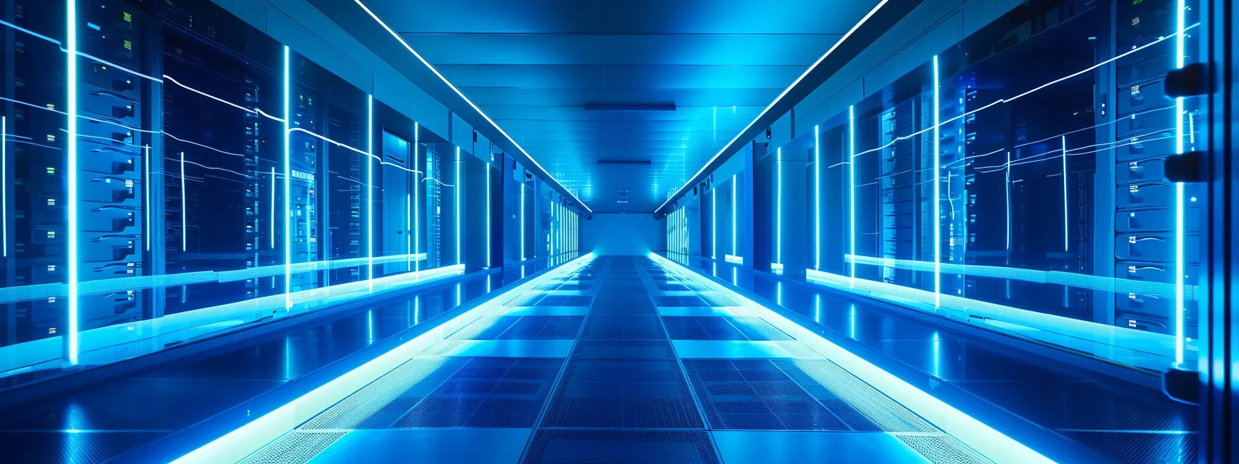 a dynamic, high-tech server room illuminated by cool blue led lights, showcasing sleek servers operating under the principles of virtualization, with visual representations of full virtualization, paravirtualization, and os-level virtualization elegantly integrated into the environment.