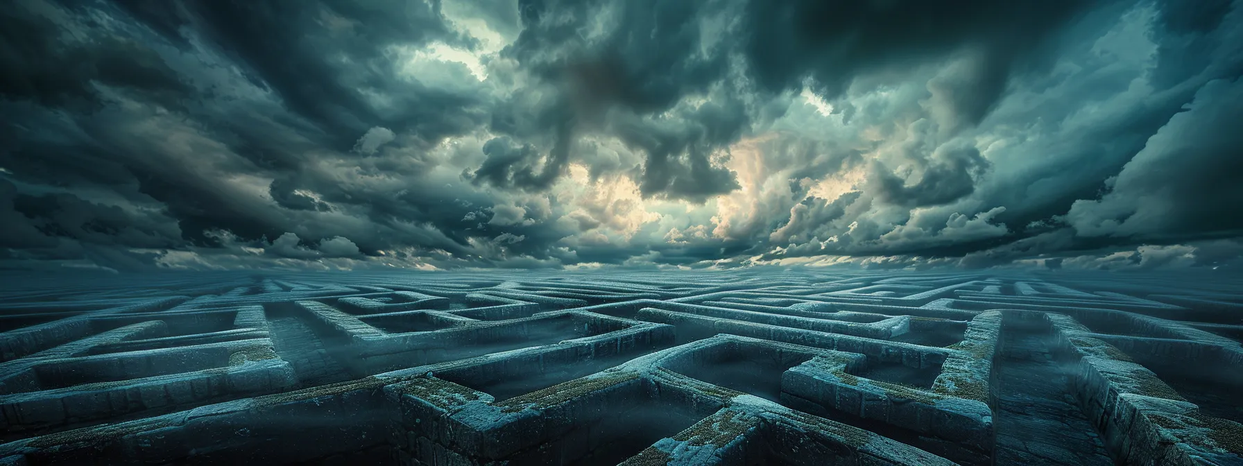 What Is iPaaS? An in-Depth Guide to Integration Platform as a Service 12 a dynamic landscape illustrating a stormy sky above a labyrinth of complex data pathways, symbolizing the challenges of ipaas implementation and integration hurdles in a vivid, atmospheric composition.