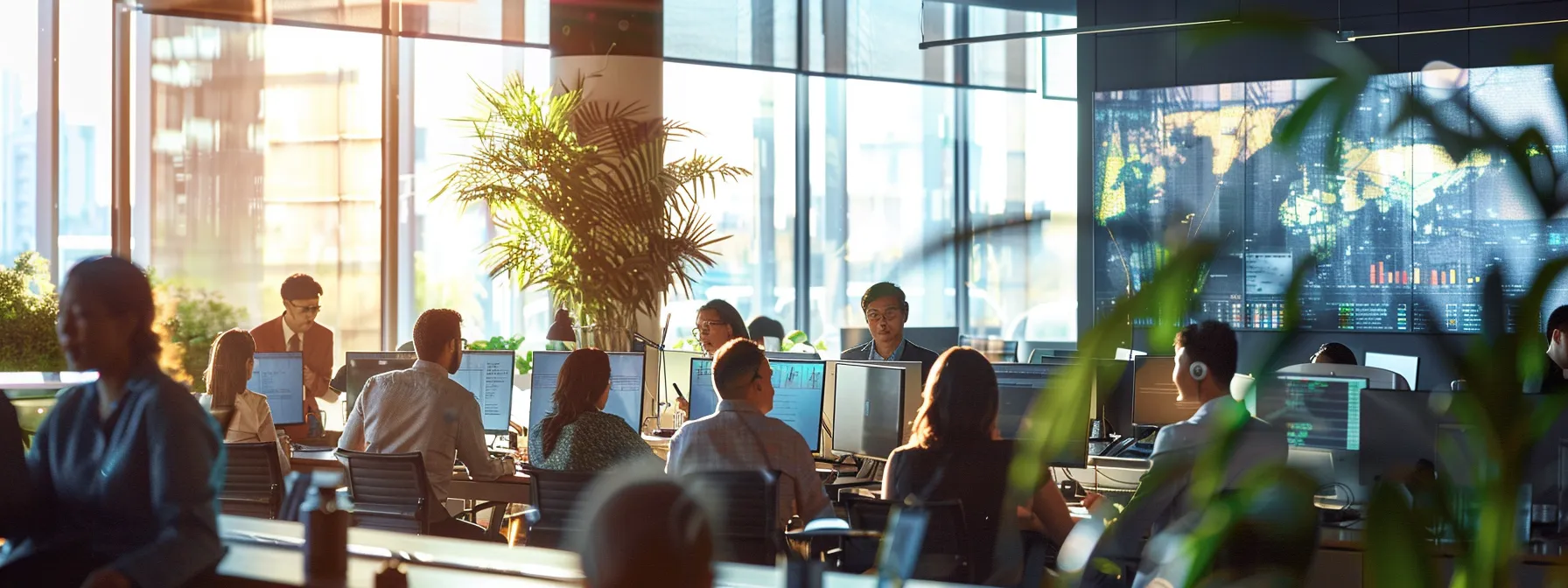 Big Data Best Practices for Business Growth 13 a dynamic office environment bustling with diverse employees engaged in collaborative discussions around large data screens, illuminated by bright natural light that emphasizes their focus on cultivating a data-driven culture.