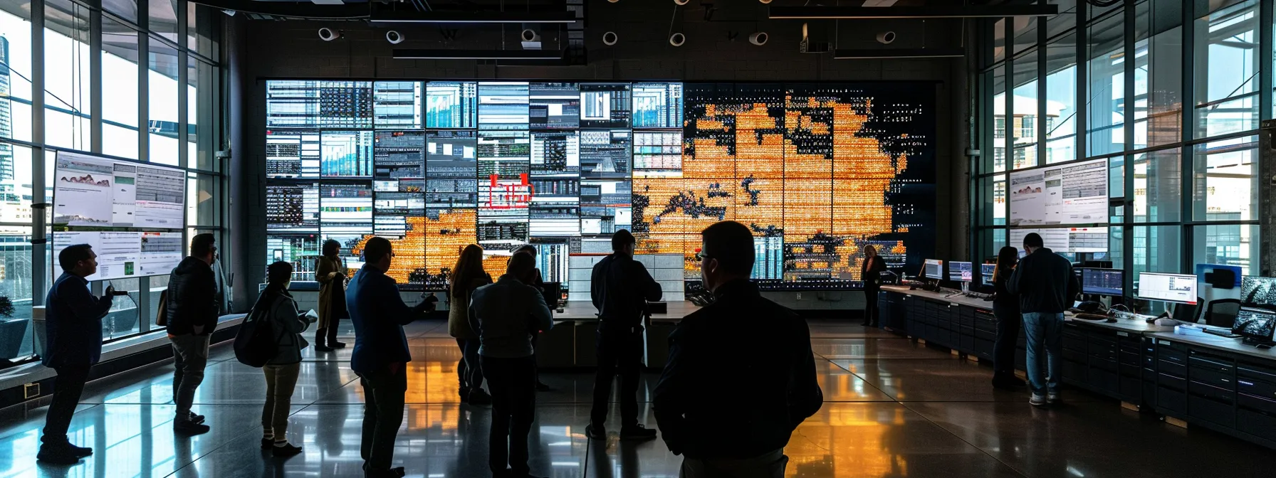 What Is SD-WAN (Software-Defined WAN)? Comprehensive Overview and Insights 11 a dynamic office environment filled with professionals collaborating around a large digital display, showcasing a vibrant sd-wan network visualization that emphasizes enhanced performance and security in modern business infrastructure.