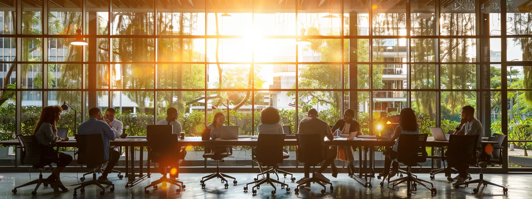 a dynamic office environment showcasing a diverse team collaborating seamlessly using advanced communication technology, illuminated by natural light filtering through large windows.
