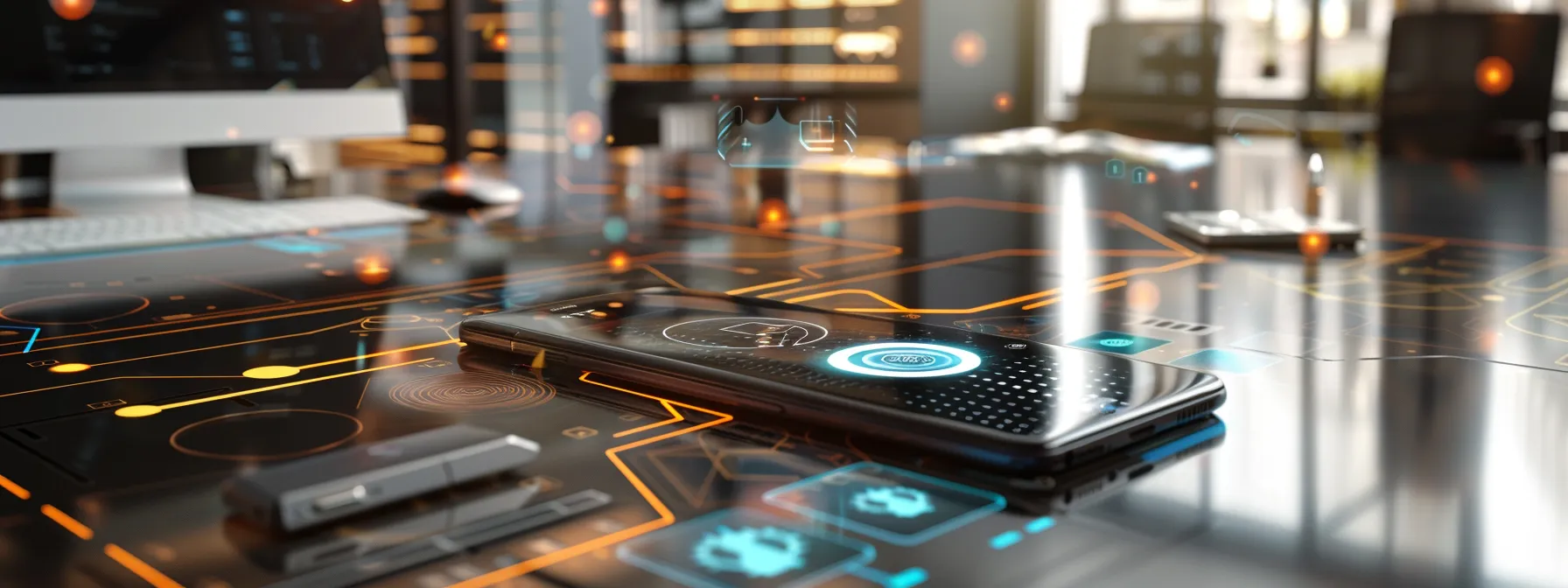 a dynamic office setting features a sleek mobile device securely protected by glowing antivirus and encryption symbols, casting a reassuring light amidst a backdrop of digital data lines representing advanced security technologies.