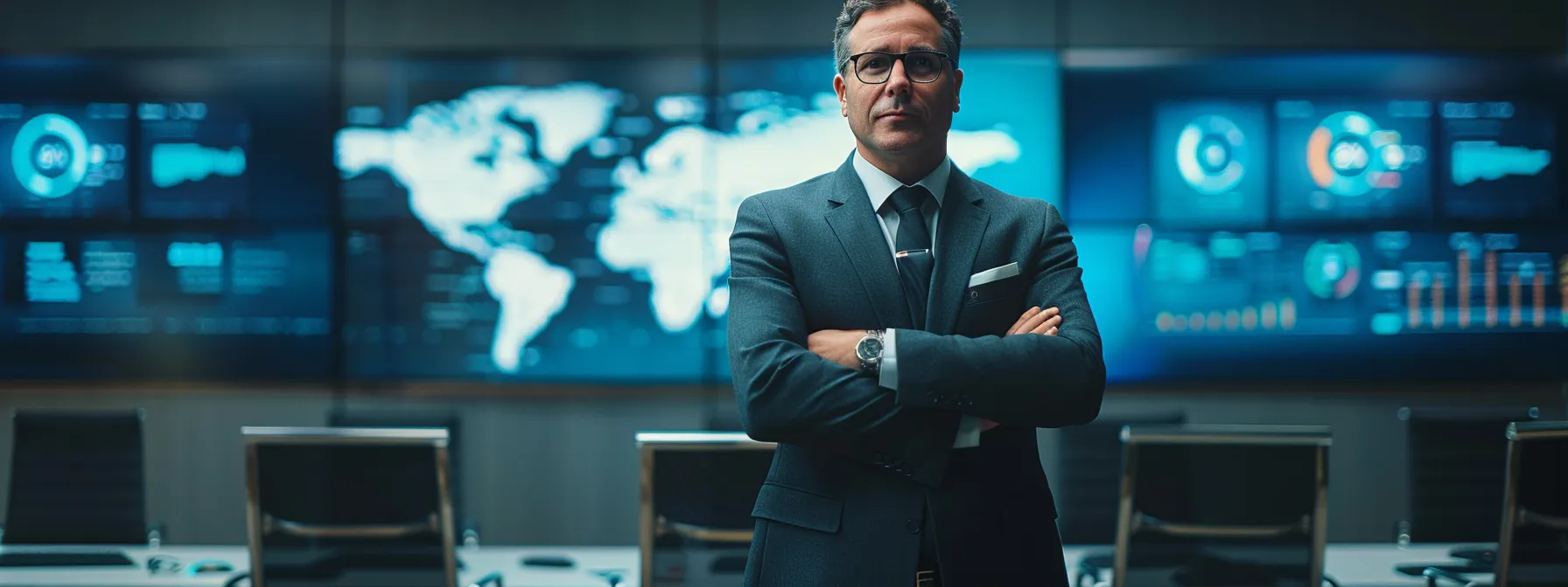 a focused chief information officer stands confidently in a modern boardroom, surrounded by digital screens displaying data and trends, symbolizing strategic leadership and collaboration in the evolving technology landscape.