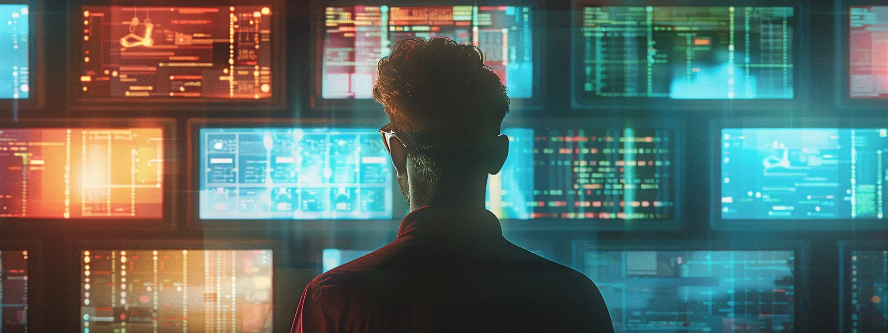 What Is Data Security? An in-Depth Overview 20 a focused data security professional analyzes complex digital data on multiple screens, surrounded by glowing code patterns and encrypted files, highlighting the critical importance of safeguarding sensitive information in a high-tech environment.