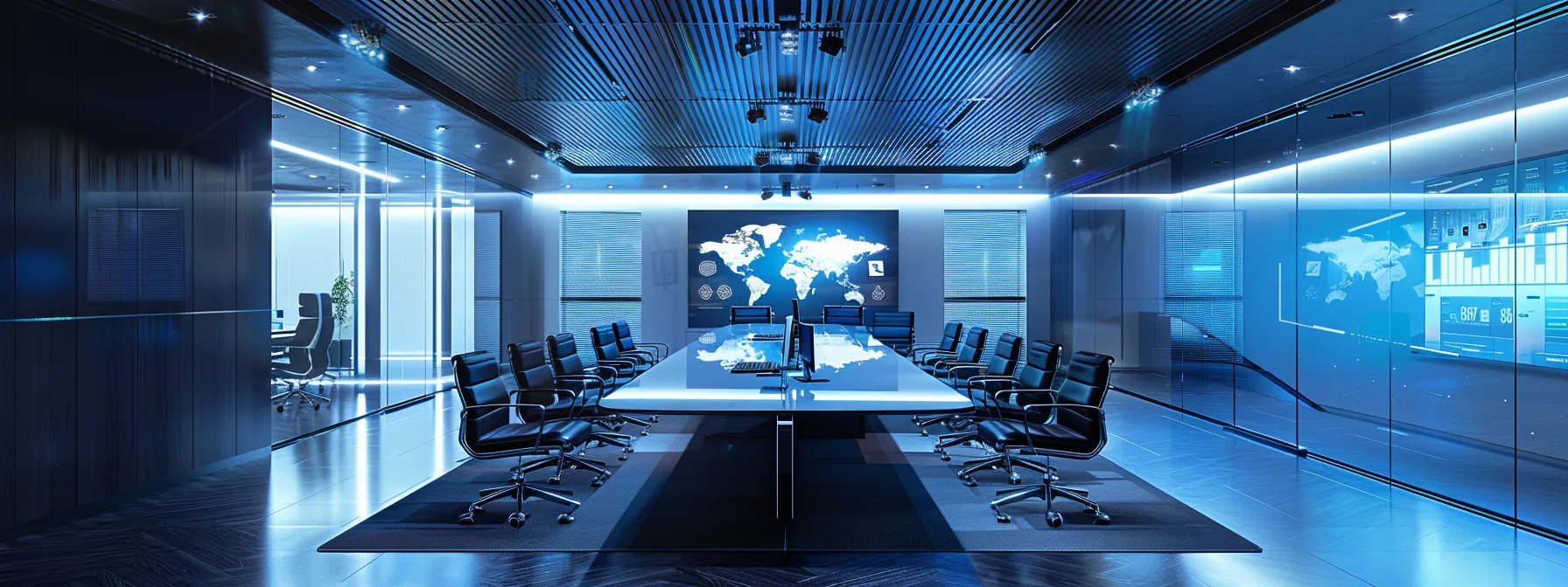 Mastering Video Conferencing for Enterprises: Best Practices and Strategies 15 a futuristic conference room bathed in soft, ambient light showcases sleek, high-tech screens displaying virtual participants in an immersive augmented reality setup, symbolizing the evolution of enterprise collaboration in the age of ai.