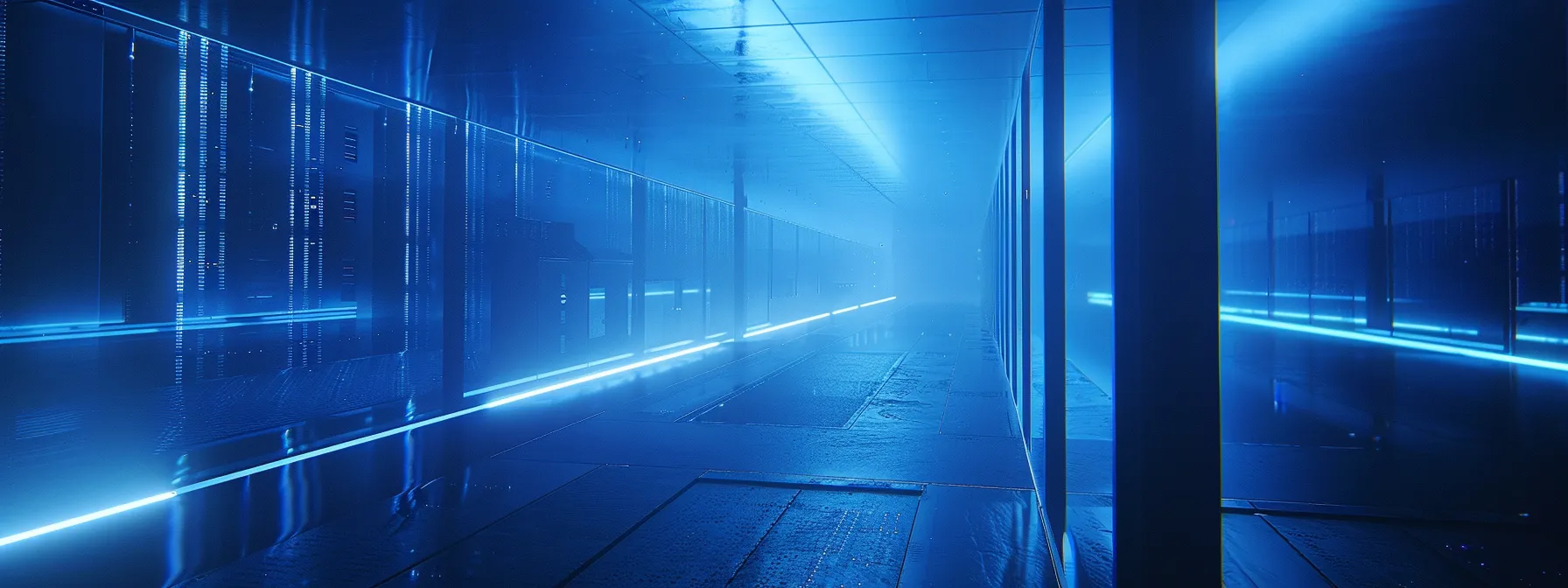 a futuristic data center illuminated by soft blue lighting, showcasing a sleek array of servers with virtual interfaces shimmering in the air, symbolizing the cutting-edge trends in server virtualization.