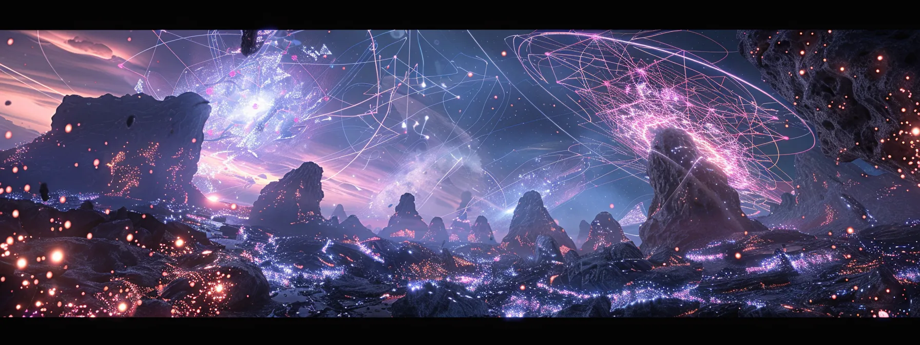 a futuristic digital landscape showcasing interconnected nodes and vibrant pathways symbolizing sase architecture, with dynamic elements representing robust networking and advanced security features under a glowing, high-tech sky.