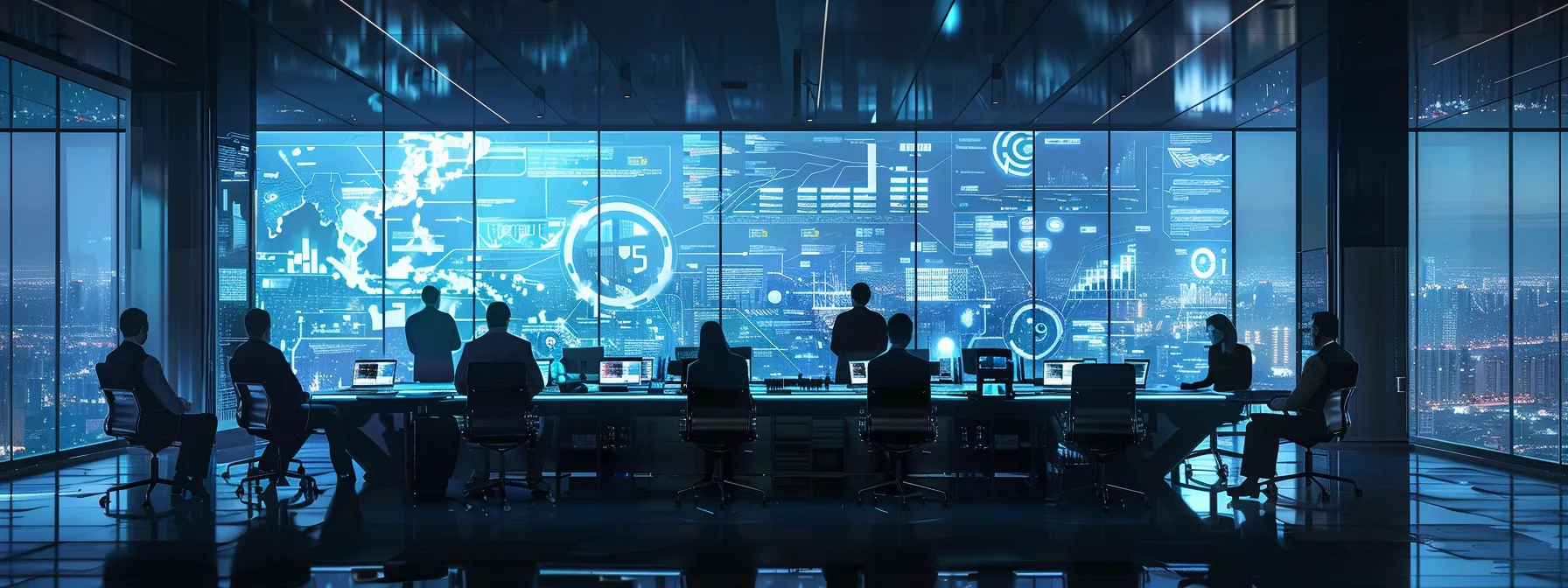What Is Enterprise AI? An in-Depth Guide for Businesses 11 a modern corporate office bathed in natural light, showcasing a diverse team collaborating around a sleek conference table, with digital dashboards displaying vibrant ai-driven analytics and innovative software solutions in the backdrop.