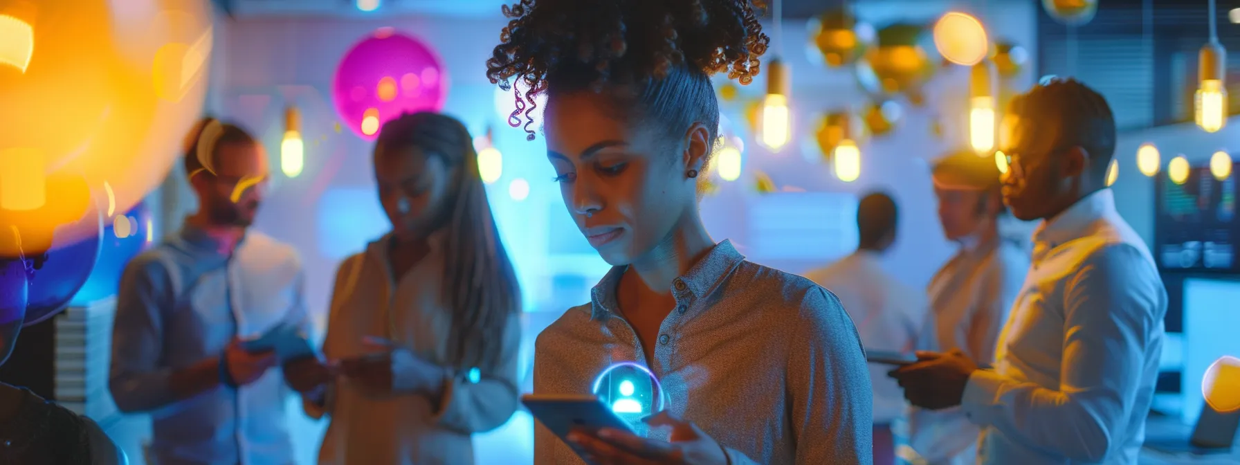 a modern office environment featuring a diverse group of employees focused on their sleek mobile devices, illuminated by soft, natural light, with a backdrop of vibrant charts and security symbols emphasizing mobile device security challenges and solutions.