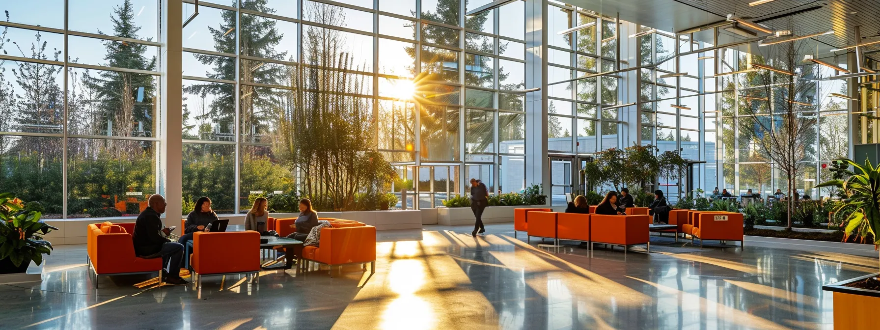 a modern office environment showcasing a diverse group of professionals engaging in a dynamic discussion about secure access service edge, illuminated by bright, natural light filtering through large windows, symbolizing clarity and innovative network management.