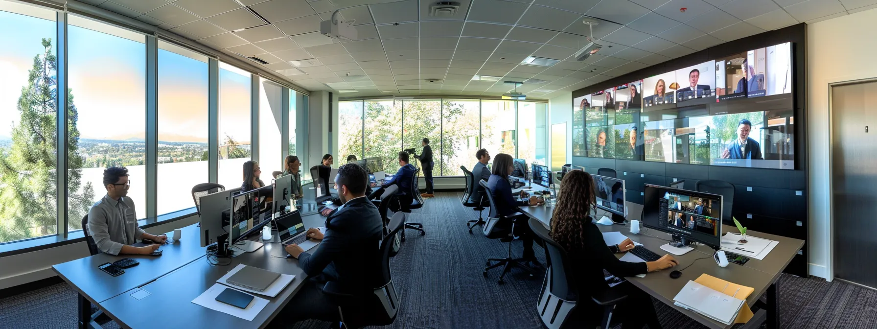 a modern office space featuring diverse team members engaged in a vibrant video conference, seamlessly collaborating through integrated communication tools on sleek devices, illuminated by natural light streaming through large windows.