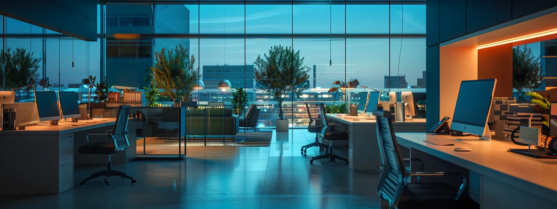 a modern office space with sleek, cloud-inspired designs illuminated by soft natural light, highlighting advanced technology setups that embody seamless connectivity and digital transformation in a hybrid work environment.