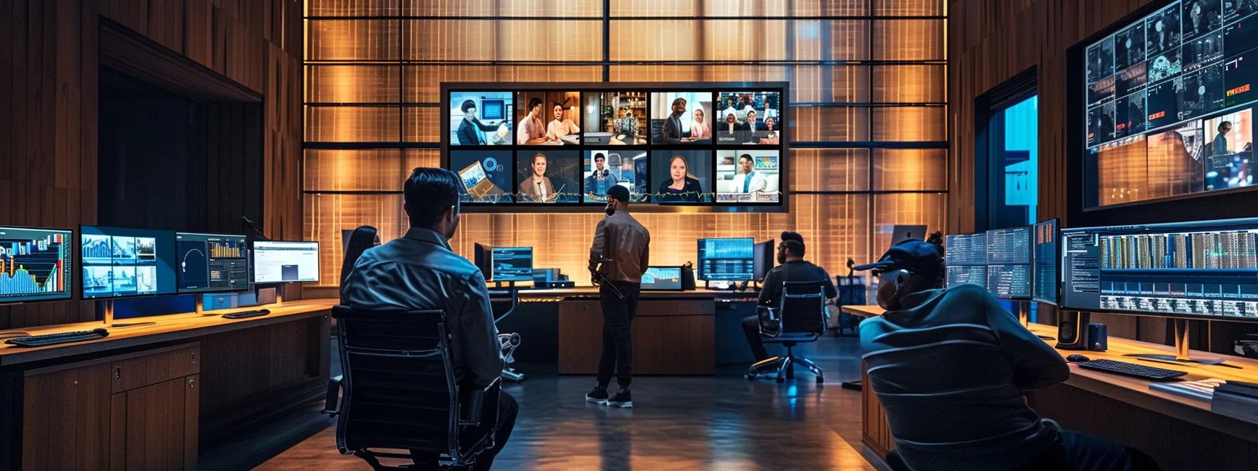 Mastering Video Conferencing for Enterprises: Best Practices and Strategies 14 a modern, sleek office environment showcases a diverse group of professionals engaged in a lively video conference, surrounded by multiple screens displaying various conferencing tools, emphasizing collaboration and technology integration.