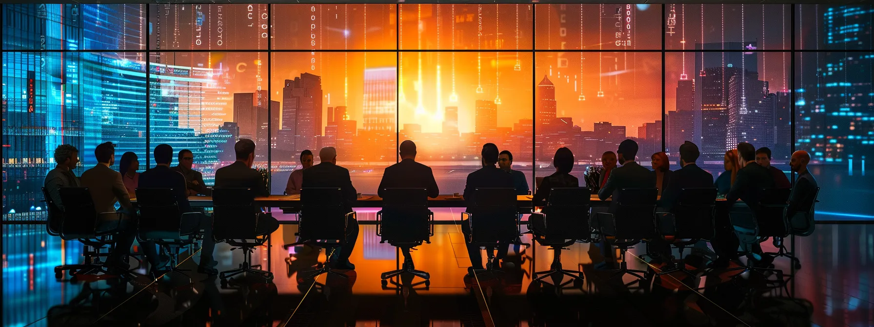 What Is Enterprise AI? An in-Depth Guide for Businesses 13 a powerful visual of a futuristic boardroom filled with diverse professionals engaged in a deep discussion, illuminated by digital screens displaying complex ai data and ethical compliance charts, conveying the critical evaluation of risks in enterprise ai.