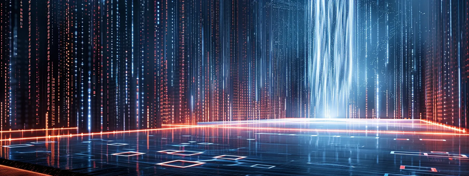 What Is Data Security? An in-Depth Overview 14 a secure digital landscape featuring glowing encryption codes cascading like waterfalls, symbolizing the robust layers of data protection and confidentiality in a modern, high-tech environment.