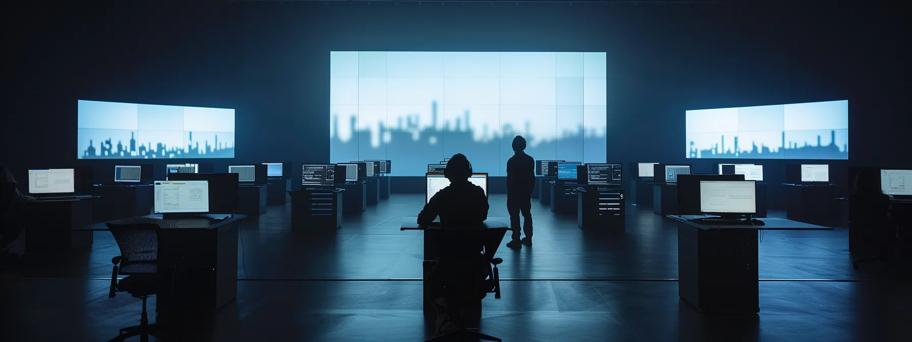 What Is Data Security? An in-Depth Overview 15 a shadowy digital landscape, illuminated by flickering computer screens, reveals phantom figures representing data breaches and phishing threats, emphasizing the urgency of proactive cybersecurity measures in a high-stakes environment.
