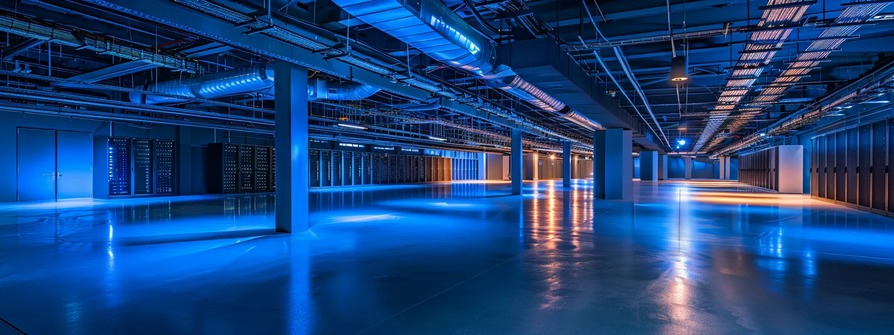 a sleek data center bathed in cool blue lighting showcases rows of powerful servers, symbolizing the effective management of virtualization with an emphasis on security and reliability.