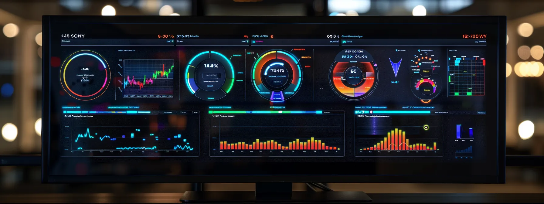 a sleek digital dashboard illuminated with vibrant colors showcases various cloud management metrics, symbolizing streamlined operations and enhanced productivity in a cloud computing environment.