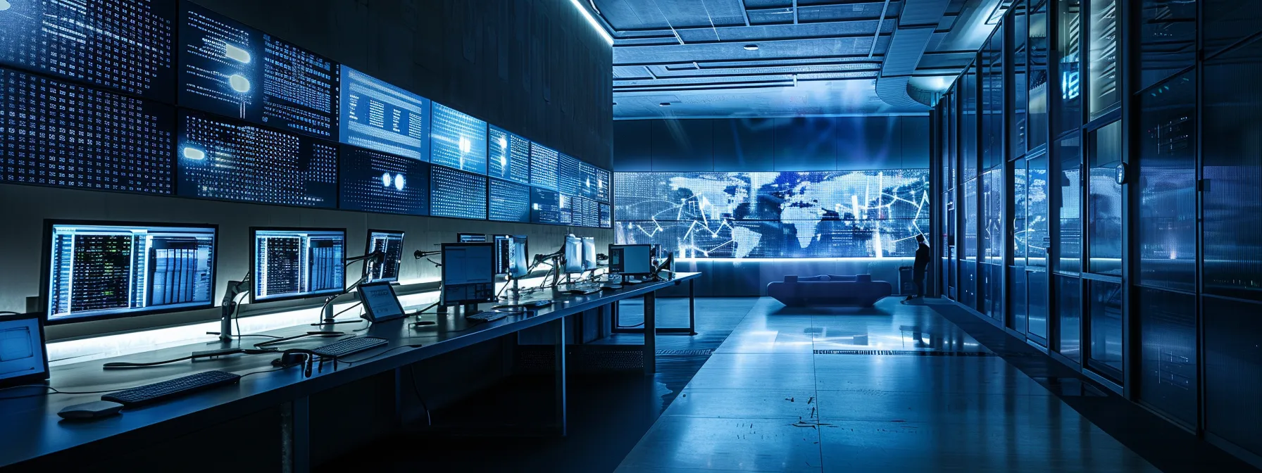 a sleek, high-tech security control center with glowing screens displaying complex identity verification data, surrounded by a futuristic ambiance that emphasizes the critical role of identity and access management in safeguarding digital landscapes.