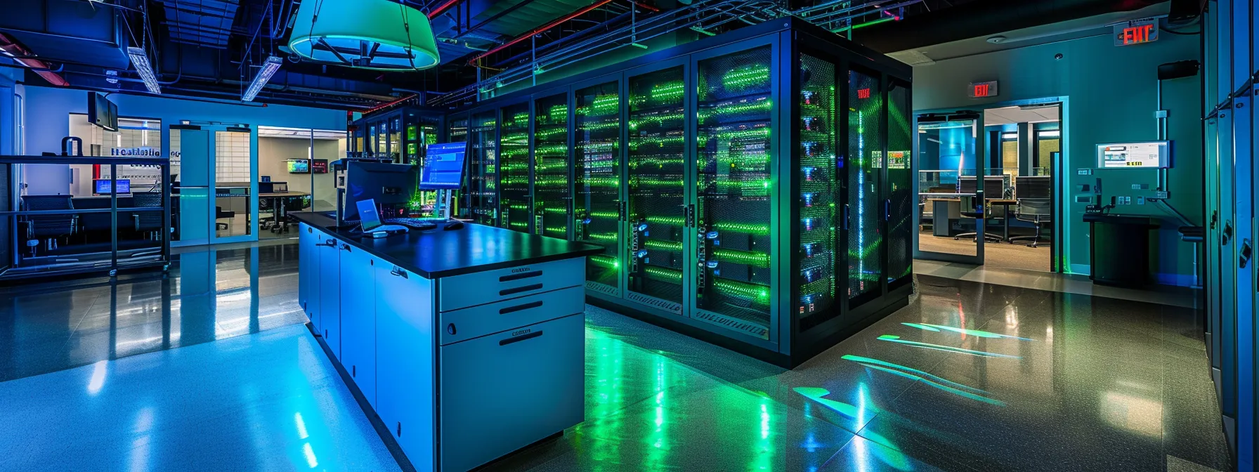 a sleek, modern digital landscape showcases interconnected components of secure access service edge, illuminated by vibrant blue and green lighting, representing the seamless integration of secure web gateways, firewalls, and zero trust networks within a dynamic cloud environment.