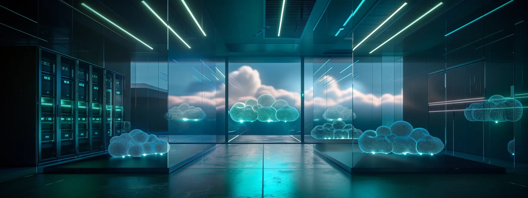 a sleek, modern digital landscape featuring interconnected cloud structures illuminated by vibrant blue and green lights, symbolizing the seamless integration and security of secure access service edge (sase) technology.