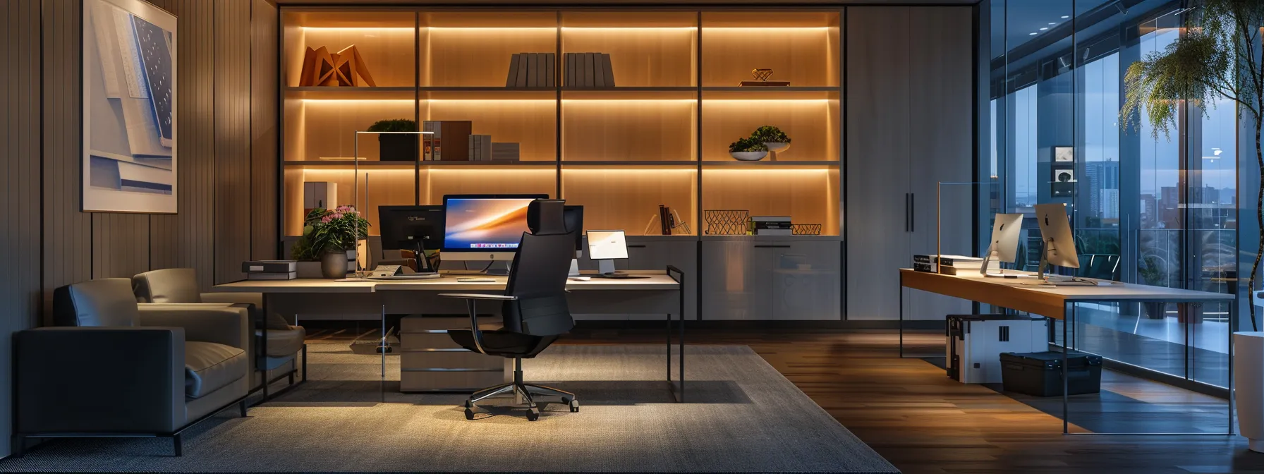Understanding Desktop Management: Functions and Mechanisms 11 a sleek, modern office environment showcases an it professional remotely managing desktops with advanced software, illuminated by soft, ambient lighting that emphasizes efficiency and control.