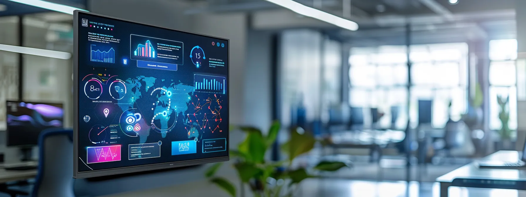 a sleek, modern office environment showcases a large screen displaying a vibrant infographic illustrating the key features and benefits of a ucaas platform, with bright lighting accentuating a sense of innovation and efficiency.