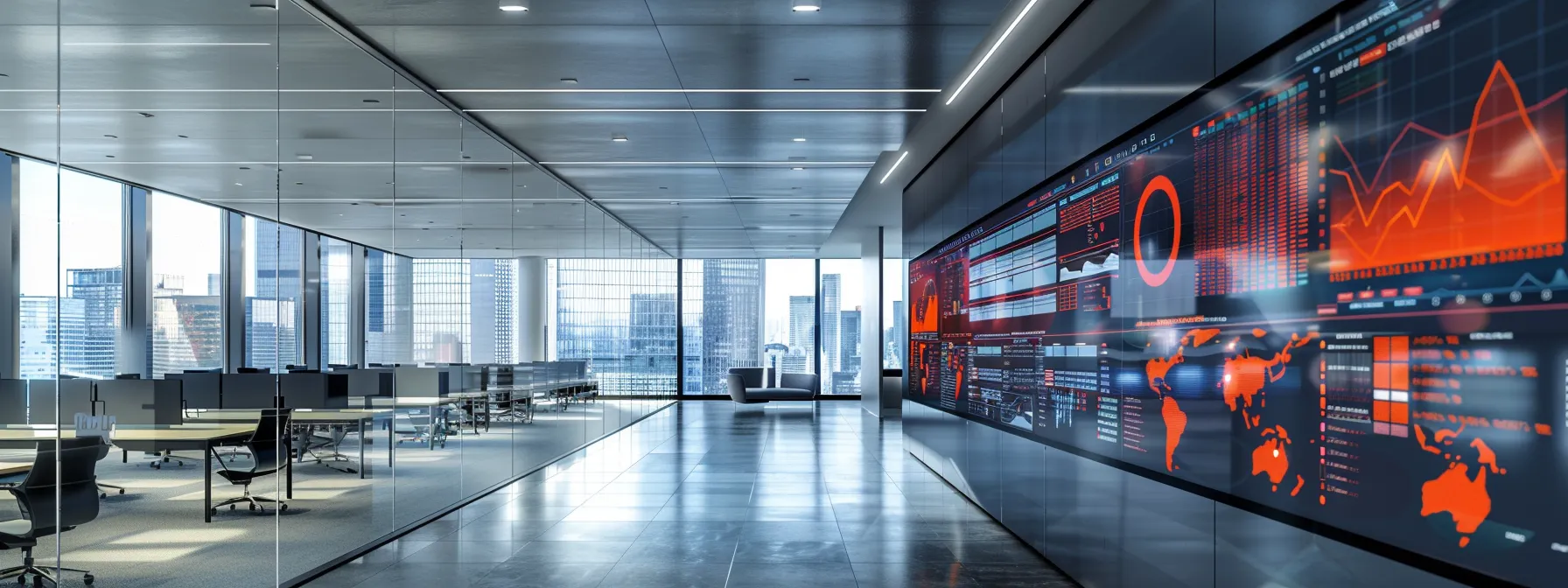 What Is Ransomware: Understanding Its Mechanisms and Removal Strategies 13 a sleek, modern office setting features a large digital display illustrating a dynamic cybersecurity strategy, with glowing graphs and icons representing robust security measures against ransomware threats.