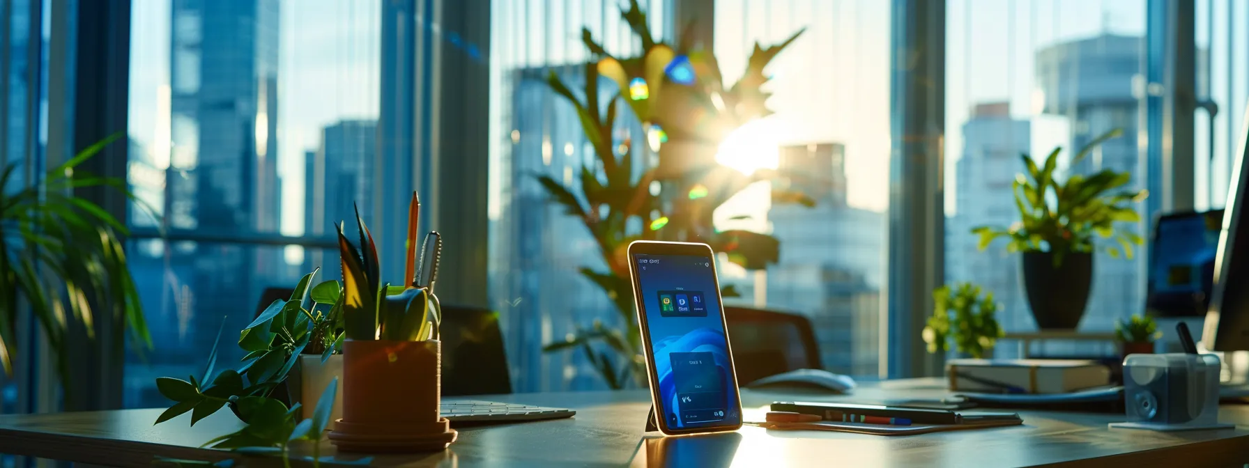 a sleek, modern office workspace features a vibrant mobile device displaying a secure management interface, illuminated by natural light filtering through large windows, symbolizing efficiency and data security.