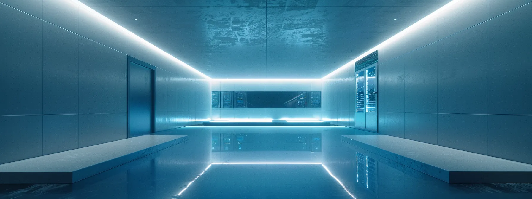 a sleek, modern server room bathed in soft blue and white lighting showcases neatly arranged virtual servers with digital readouts, symbolizing efficiency and advanced technology in server virtualization.