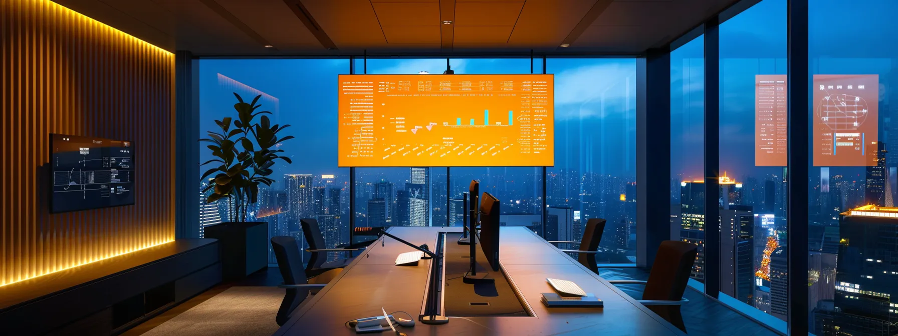 What Is Data Security? An in-Depth Overview 19 a sleek, modern workspace illuminated by soft, ambient lighting showcases a large screen displaying intricate data security diagrams and charts, symbolizing the crucial landscape of data protection and enterprise solutions.
