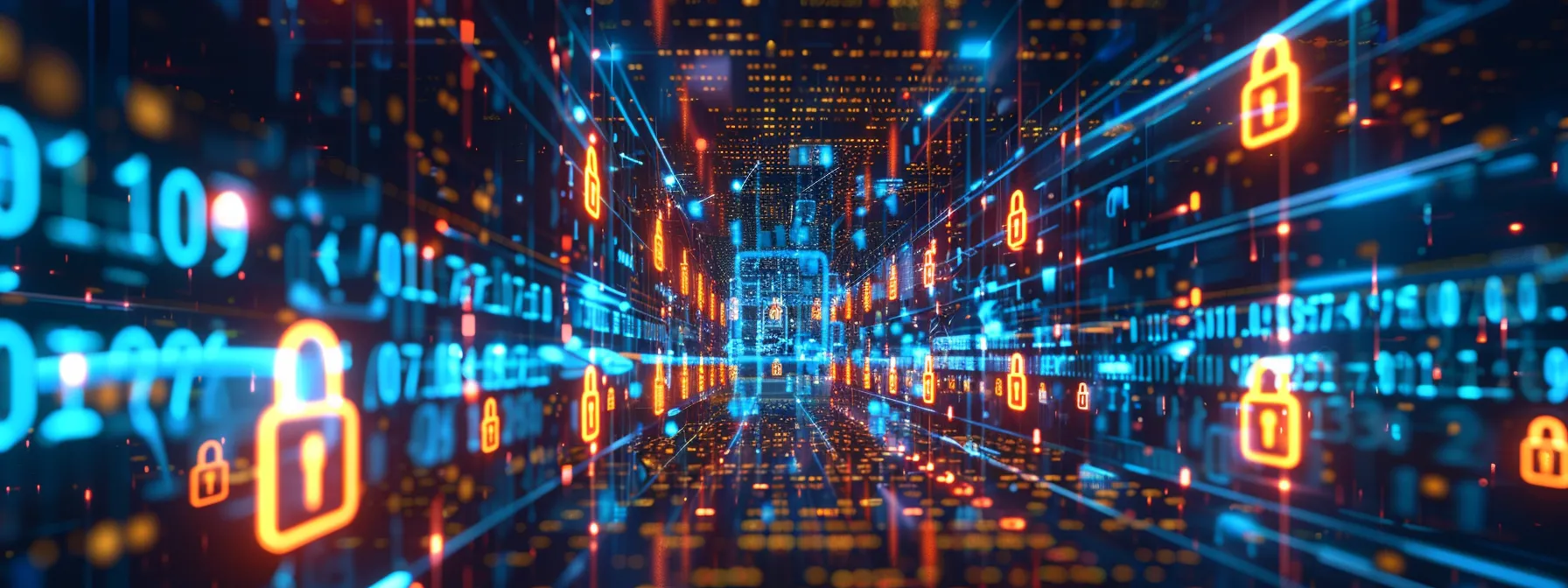 What Is Data Security? An in-Depth Overview 18 a vibrant digital landscape illuminated by glowing locks and shields, symbolizing robust data security measures, set against a backdrop of flowing binary code.