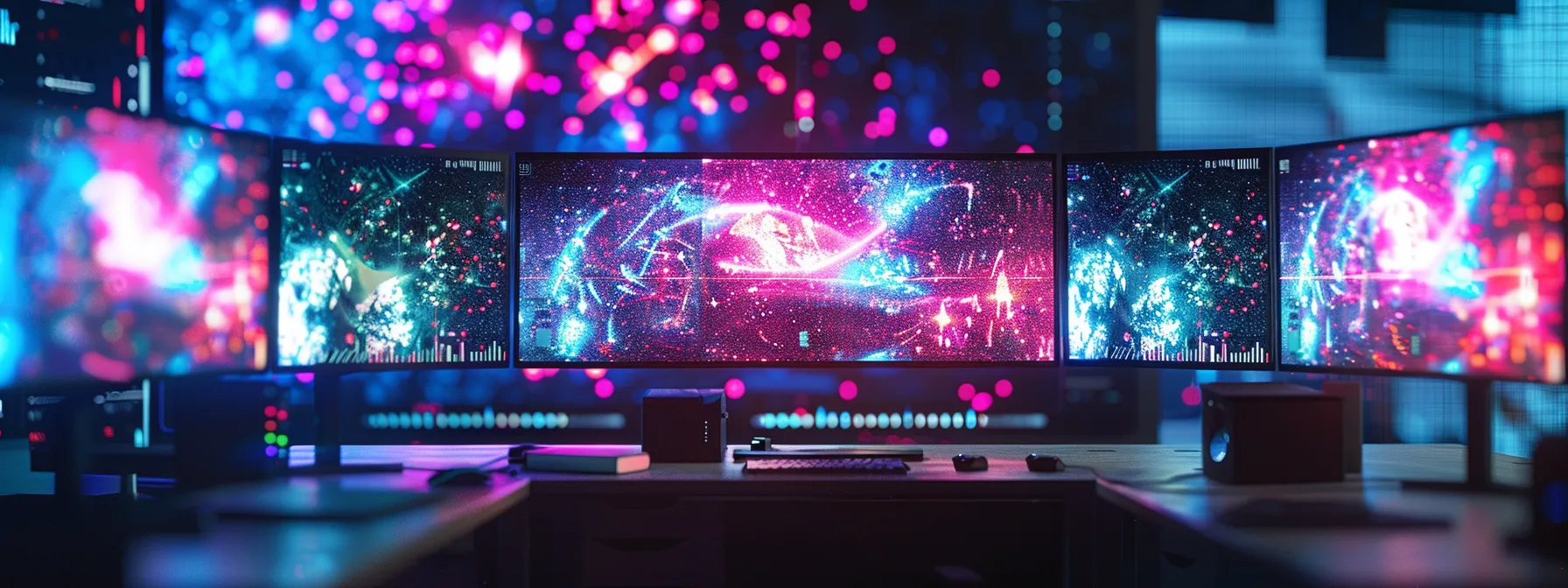 The Impact of Generative AI on Digital Content Creation 10 a vibrant digital workspace showcases a glowing holographic screen filled with colorful, dynamic ai-generated content, symbolizing the transformative power of generative ai in enhancing creativity and productivity for creators.