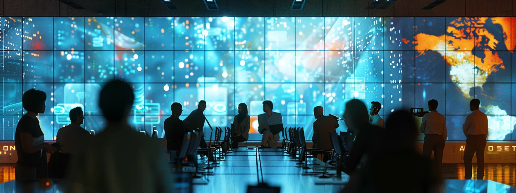 a vibrant, high-tech conference room featuring diverse professionals engaged in strategic discussions, illuminated by soft, warm lighting, symbolizing collaboration and innovation in sase deployment.