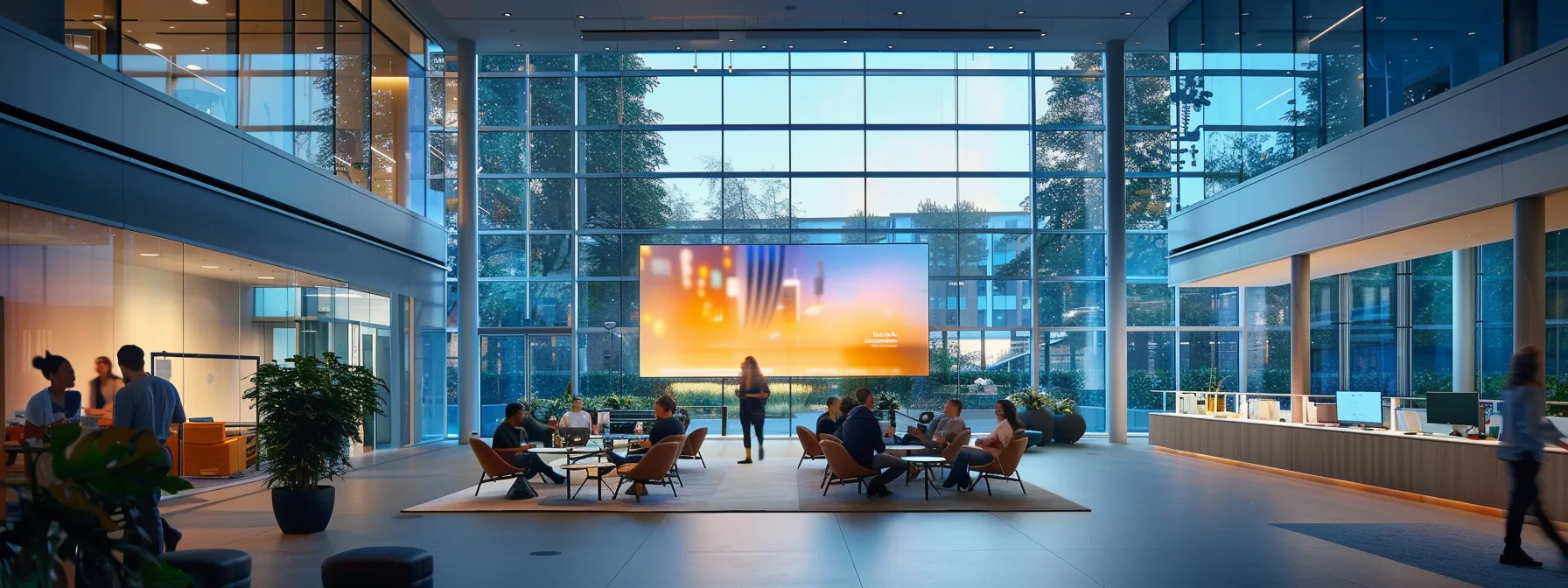 a vibrant, high-tech workspace showcasing employees engaged in seamless collaboration through video conferencing and instant messaging, illuminated by warm, natural light streaming through large windows, emphasizing the dynamic nature of ucaas technology.