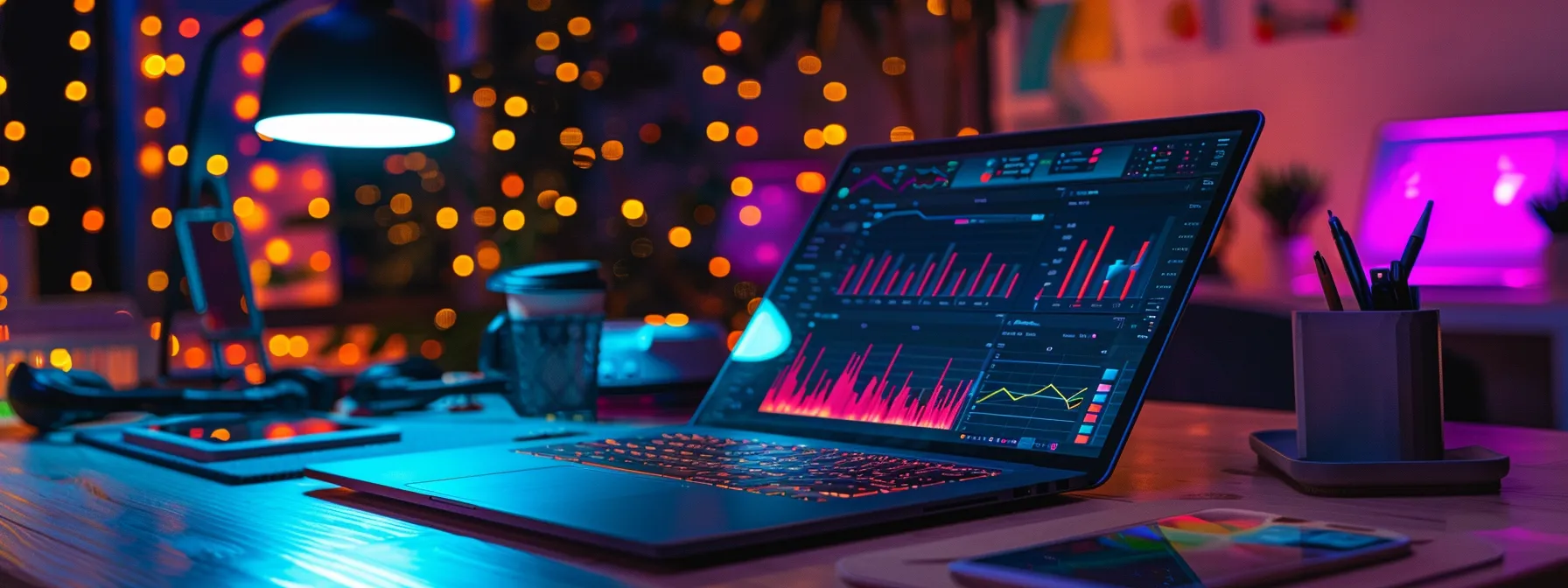 What Is Data Preparation? A Comprehensive Overview 9 a vibrant, illuminated workspace showcases a sleek laptop displaying dynamic data visualizations, surrounded by organized data charts and graphs, symbolizing the transformative power of accurate data preparation in analytics.
