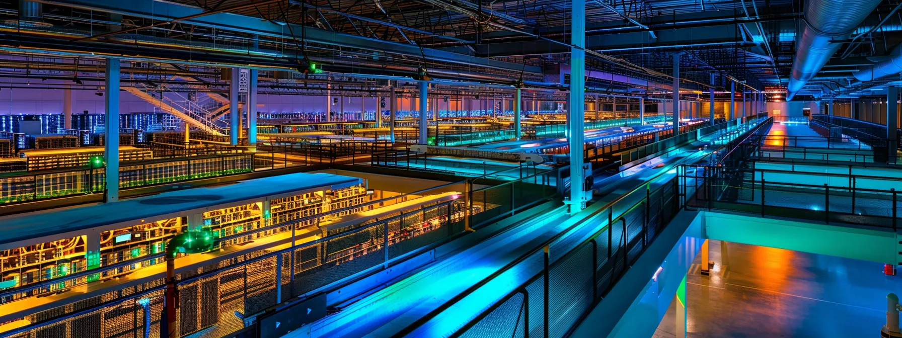 a vibrant, modern data center illuminated by dynamic blue and green led lights showcases rows of sleek servers and virtual machines, symbolizing the powerful architecture and scalability of aws cloud management.