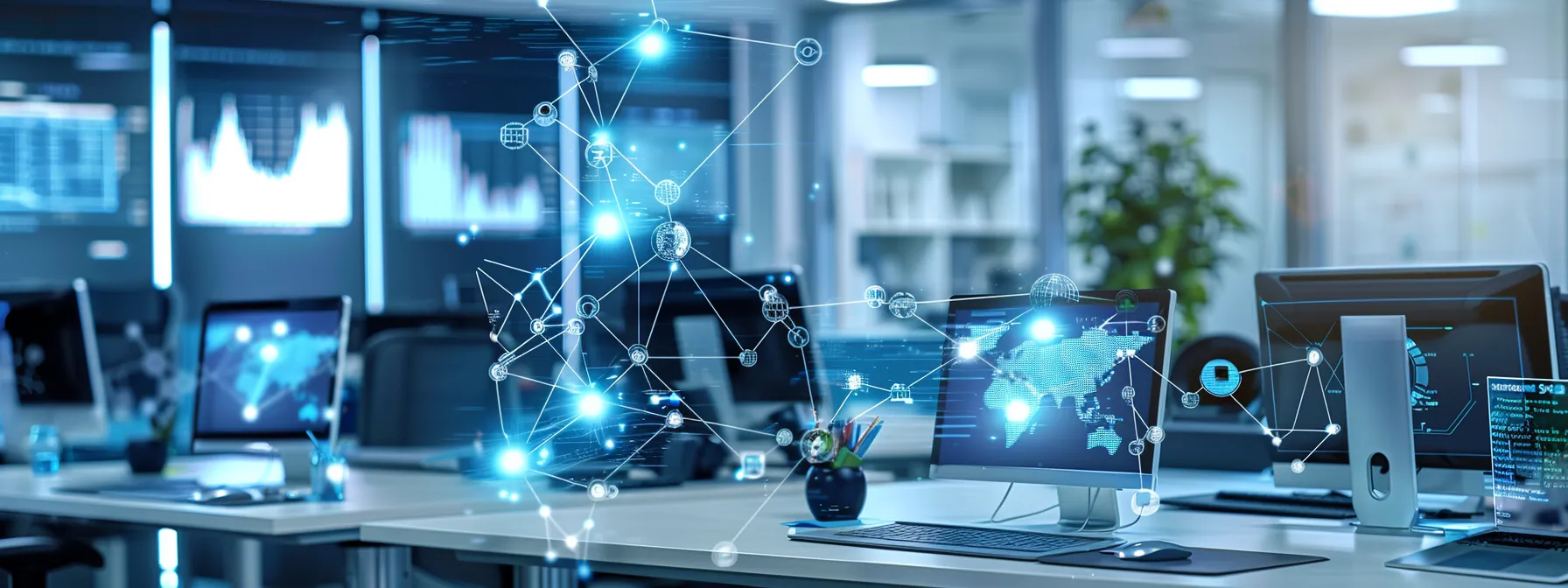 Understanding Desktop Management: Functions and Mechanisms 13 a vibrant, modern office workspace showcases various devices seamlessly connected within a network, emphasizing the harmony of advanced desktop management protocols and automated security measures in safeguarding organizational assets.