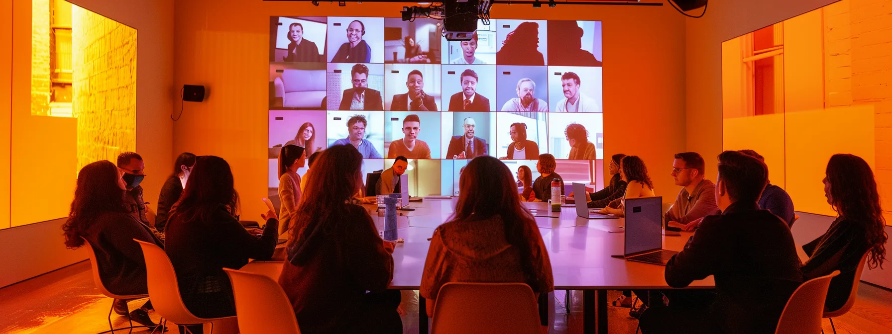 Mastering Video Conferencing for Enterprises: Best Practices and Strategies 9 a vibrant virtual meeting room filled with diverse professionals engaging in dynamic video conferencing, illuminated by soft, warm lighting that enhances the sense of connection and collaboration.